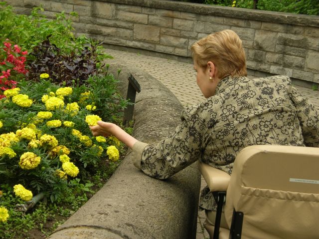 Linda on her scooter leaning toward a yellow marigold